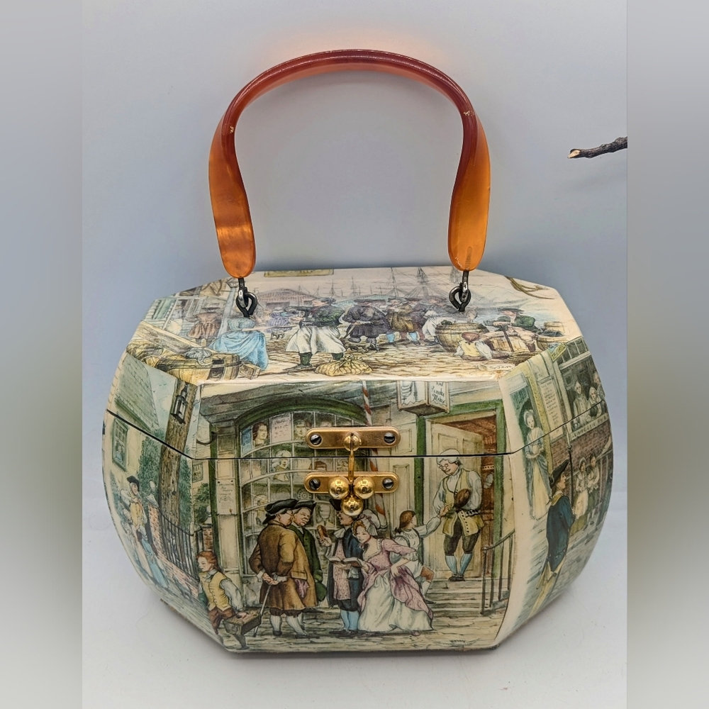 Vintage Decoupage Wood Box Purse Lucite Handle S Tan / Anton Pieck Style